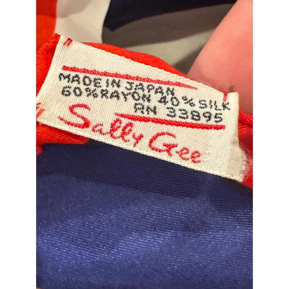 Sally Gee Scarf Women Red Blue White Vintage Silk Rayon Geometric